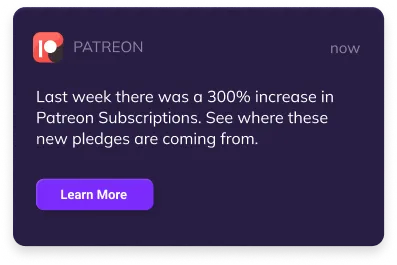 Image of Patreon app with caption "Last week there was a 300% increase in Patreon Subscriptions. See where these new pledge are coming from."