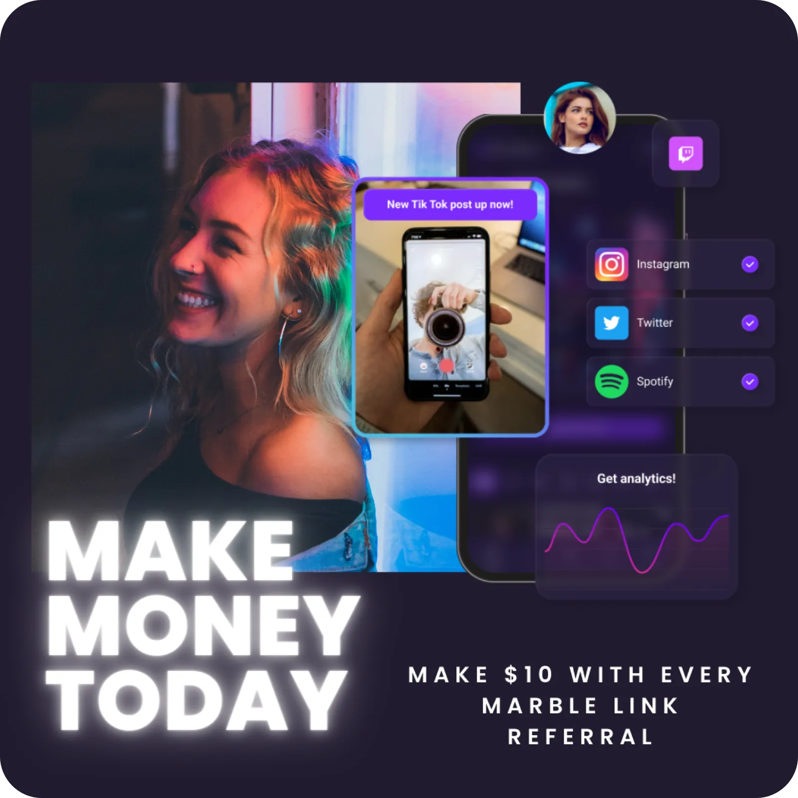 Promotional image with caption "Make $10 with every marble link referral"